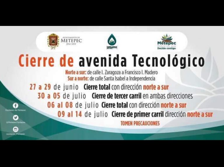 Cierre parcial de avenida Tecnológico en Metepec