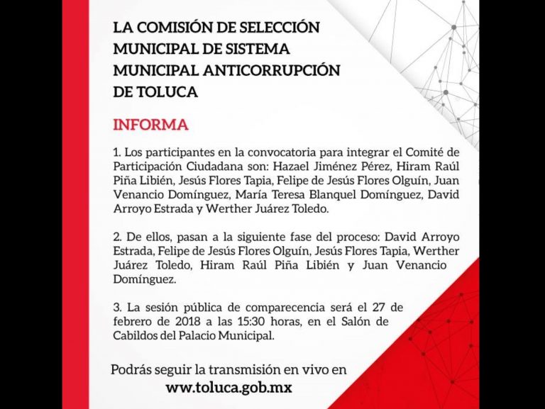 Palomean lista de aspirantes al anticorrupción de Toluca