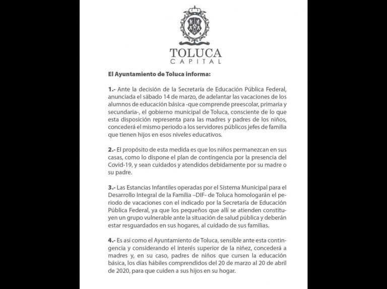 Por contingencia ante Covid-19, dan días a trabajadores de Toluca