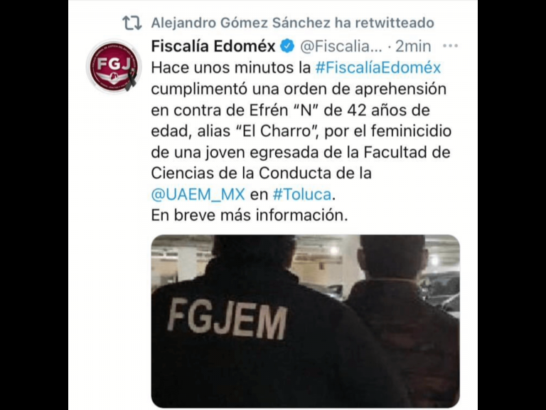 Presume fiscal de Edoméx captura de probable feminicida
