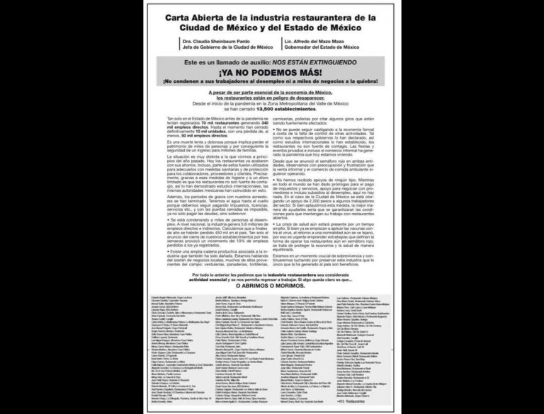 Industria restaurantera de Edoméx “ahorcada” por COVID-19