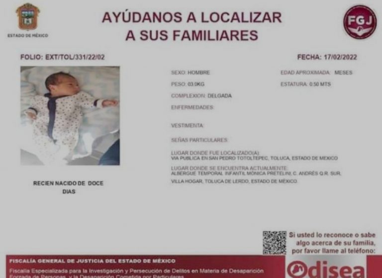 Nadie reclama a recién nacido abandonado en Toluca