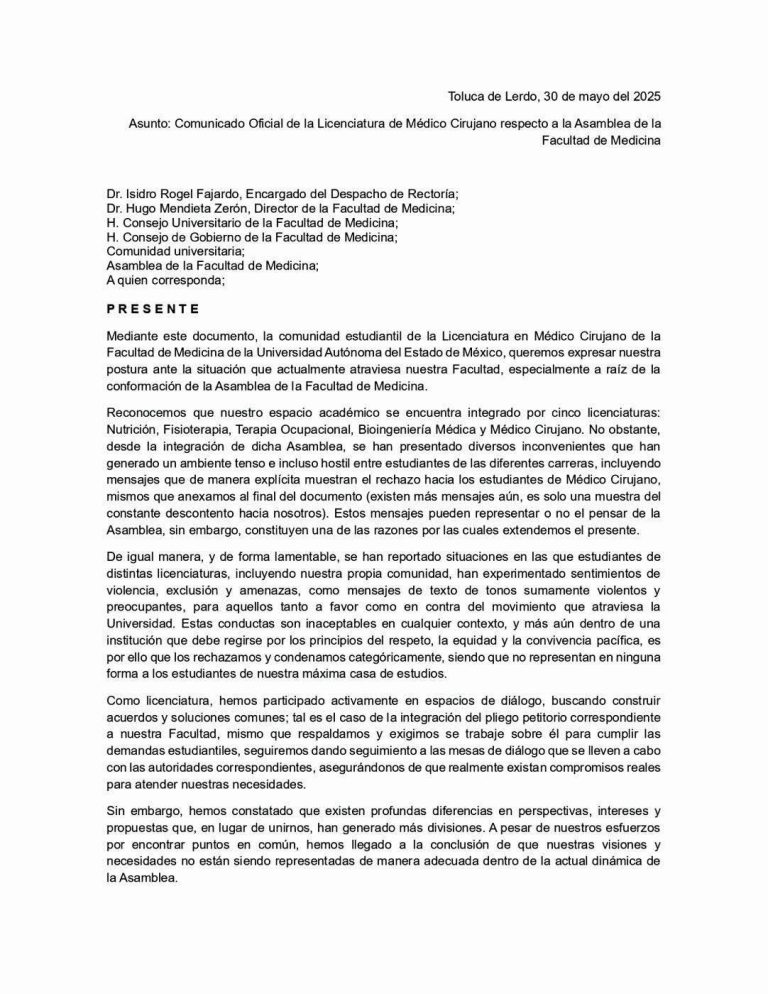 Médico Cirujano UAEMéx rompe con “Asamblea Estudiantil”