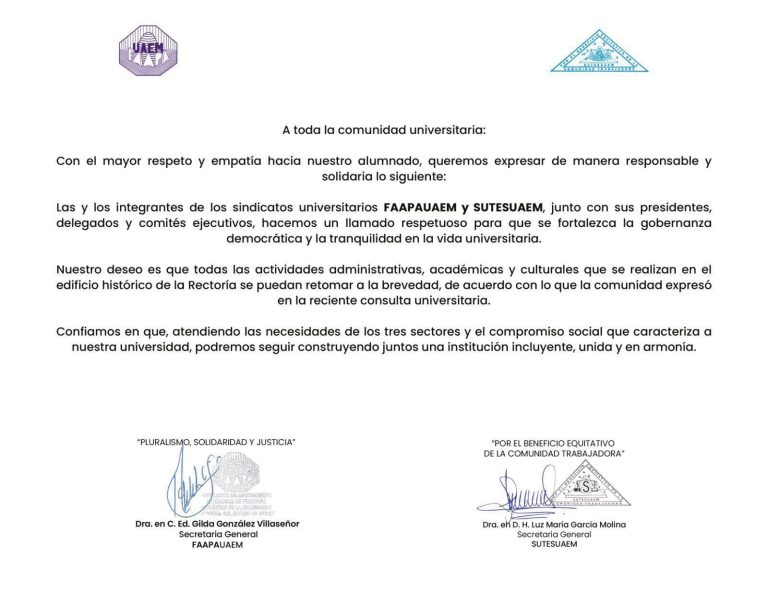 Piden sindicatos recuperar edificio y actividades en Rectoría UAEMéx